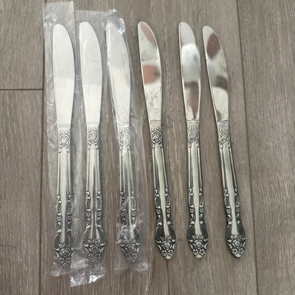 6 Dinner Knives Knife Lisette Stanley Roberts Rogers Stainless Japan Rose Flower